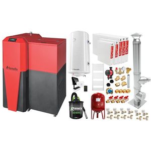 Pachet Centrala mixta Lemn/Pelet Fornello Tera 28 kW, calorifere otel, cos inox, boiler, termostat, aspirator, pompa, vas expansiune, fitinguri, aprindere automanta la peleti, buncar peleti 95 kg, creuzet fonta, curatarea facila, pentru 180 mp imagine