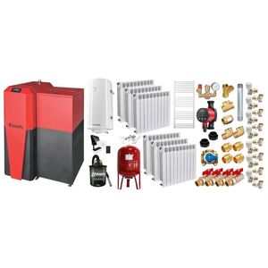 Pachet Centrala mixta Lemn/Pelet Fornello Tera 28 kW, calorifere aluminiu, boiler, termostat, aspirator, pompa, vas expansiune, fitinguri, aprindere automanta la peleti, buncar peleti 95 kg, creuzet fonta, curatarea facila, pentru 180 mp imagine