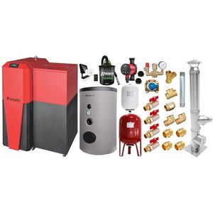Pachet Centrala mixta Lemn/Pelet Fornello Tera 28 kW, boiler de sol, cos inox, termostat, aspirator, pompa, vas expansiune, fitinguri, aprindere automanta la peleti, buncar peleti 95 kg, creuzet fonta, curatarea facila, pentru 180 mp imagine