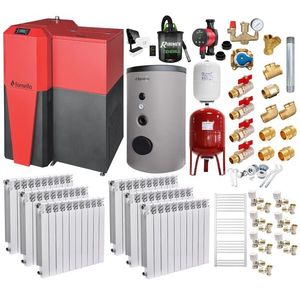 Pachet Centrala mixta Lemn/Pelet Fornello Tera 28 kW, boiler de sol, calorifere aluminiu, termostat, aspirator, pompa, vas expansiune, fitinguri, aprindere automanta la peleti, buncar peleti 95 kg, creuzet fonta, pentru 180 mp imagine