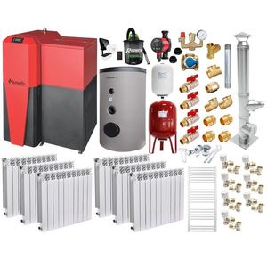 Pachet Centrala mixta Lemn/Pelet Fornello Tera 28 kW, boiler de sol, cos inox, calorifere aluminiu, termostat, aspirator, pompa, vas expansiune, fitinguri, aprindere automanta la peleti, buncar peleti 95 kg, creuzet fonta, pentru 180 mp imagine