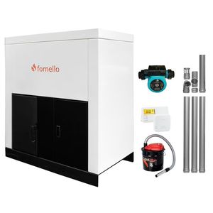 Pachet Centrala pe peleti Fornello Eco Energy 35 kW, echipata cu automatizare, afisaj digital, arzator fonta, curatare mecania a drumurilor de fum, buncar peleti integrat 75 kg, kit evacuare 3.5 ml, termostat ambient si aspirator cenusa imagine