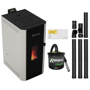 Pachet termosemineu pe peleti Fornello CALORE COMPACT 35 kW, pompa electronica, vas expansiune, arzator inox, grup de siguranta, kit evacuare, termostat Salus 091FLRFV2, aspiratior, sistem de curatare MECANICA a creuzetului si drumurilor de fum imagine
