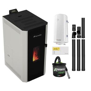 Pachet termosemineu pe peleti Fornello CALORE COMPACT 35 kW, pompa electronica, vas expansiune, arzator inox, grup de siguranta, kit evacuare, termostat Salus 091FLRFV2, aspiratior, boiler 100L, sistem curatare MECANICA creuzet si drumuri de fum imagine