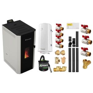 Pachet termosemineu pe peleti Fornello CALORE COMPACT 35 kW, pompa electronica, vas expansiune, arzator inox, grup de siguranta, kit evacuare 3.5 ml, termostat, aspiratior, boiler 100L si Fitinguri montaj centrala/boiler imagine