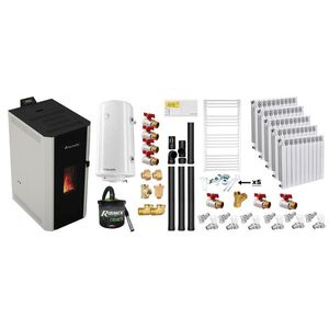 Pachet termosemineu pe peleti Fornello CALORE COMPACT 35 kW, pompa electronica, vas expansiune, arzator inox, grup de siguranta, kit evacuare 3.5 ml, termostat, aspiratior, boiler 100L, Radiatoare Aluminiu si Fitinguri montaj imagine