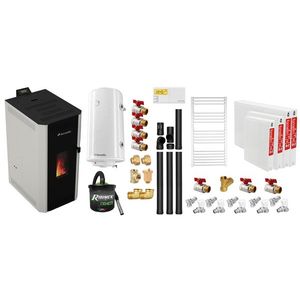 Pachet termosemineu pe peleti Fornello CALORE COMPACT 35 kW, pompa electronica, vas expansiune, arzator inox, grup de siguranta, kit evacuare 3.5 ml, termostat, aspiratior, boiler 100L, Radiatoare otel si Fitinguri montaj imagine