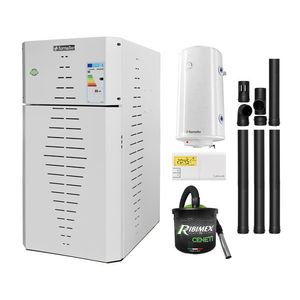 Pachet centrala pe peleti Fornello INCANTO COMPACT 35 kW, pompa electronica, vas expansiune, arzator inox, grup de siguranta, kit evacuare, termostat Salus 091FLRFV2, aspiratior, boiler 100L, sistem de curatare MECANICA a creuzetului si drumurilor de imagine