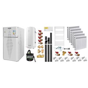 Pachet centrala pe peleti Fornello INCANTO COMPACT 35 kW, pompa electronica, vas expansiune, arzator inox, grup de siguranta, kit evacuare 3.5 ml, termostat, aspiratior, boiler 100L, Radiatoare Aluminiu si Fitinguri montaj imagine