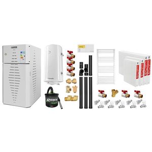Pachet centrala pe peleti Fornello INCANTO COMPACT 35 kW, pompa electronica, vas expansiune, arzator inox, grup de siguranta, kit evacuare 3.5 ml, termostat, aspiratior, boiler 100L, Radiatoare otel si Fitinguri montaj imagine