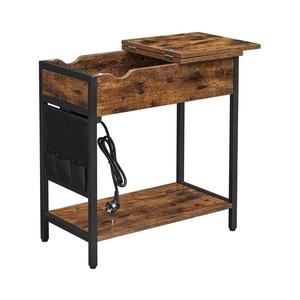 Masă laterală ELDUR cu prize electrice încorporate și porturi USB, maro/negru imagine