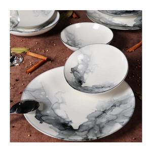 Set de veselă, 24 piese, alb/negru, porțelan imagine