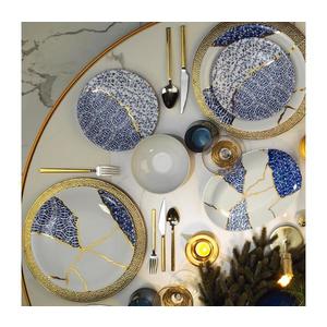Set de veselă, 28 piese, din porțelan, alb/auriu/albastru imagine
