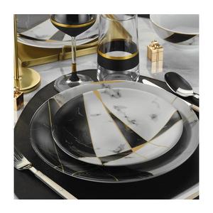 Set de masă, 24 piese, porțelan, negru/alb/auriu imagine