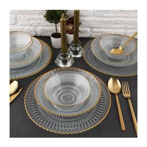 Set de masă 12 piese, sticlă transparentă cu detalii aurii imagine