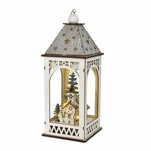 Lanterna din lemn cu motiv de Crăciun și iluminare LED, 11 x 29 cm, alb cald imagine