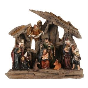 Decorație de Crăciun Betleem cu trei magi și înger, poliresină, LED, maro, 20x23x7cm imagine