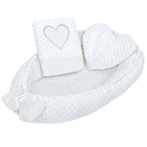 Cuib bebeluși New Baby de lux cu pernă și pătură din Minky Heart, alb imagine
