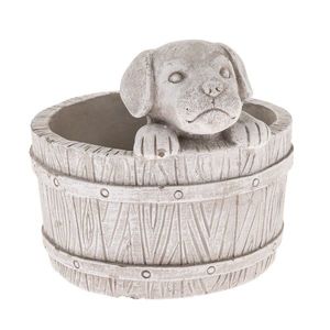 Husă din beton pentru ghiveci Câine în butoi marodeschis, 17 x 19 cm imagine