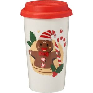 Cană ceramică cu capac Omul de turtă, maro imagine