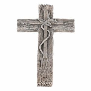 Decorație funerară Cruce cu frunze, imitație delemn, poliresină, 11 x 21 x 2 cm imagine