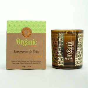 Lumânare aromată organică Lemongrass & Spice200 g în sticlă cu folie aurie, verde deschis imagine