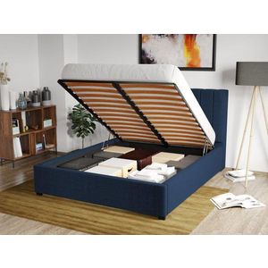 Pat Tapitat Adam cu somiera rabatabila si lada de depozitare Albastru - Falcone 80 160x200 imagine