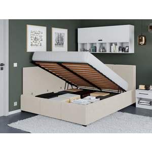 Pat Tapitat de colt Avelis cu somiera rabatabila si lada de depozitare Crem - Swing 1 140x200 imagine