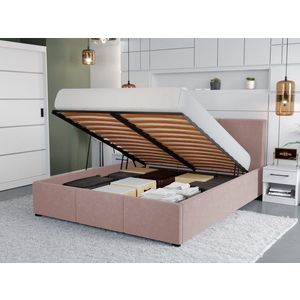 Pat Tapitat Avelis cu somiera rabatabila si lada de depozitare Roz - Swing 14 140x200 imagine