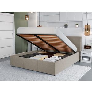 Pat Tapitat Avelis cu somiera rabatabila si lada de depozitare Bej-Swing 2 140x200 imagine