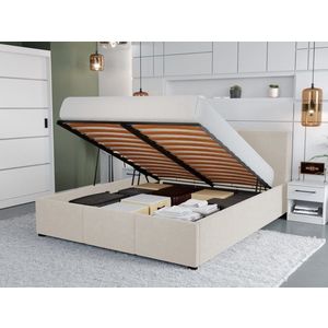 Pat Tapitat Avelis cu somiera rabatabila si lada de depozitare Crem - Swing 1 180x200 imagine