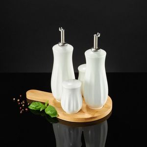 Set oliviera 4 recipiente + suport rotund cu maner Natural, Ambition, 5 piese, portelan/lemn, alb/maro imagine