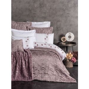 Set lenjerie de pat si cuvertura dubla, L'essentiel Maison, Theresa, Pulbere / Alb imagine