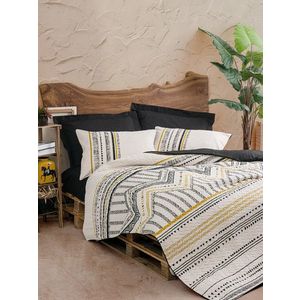 Lenjerie de pat dubla 4 anotimpuri, L'essentiel Maison, Elvira, Bumbac Ranforce, Negru / Alb / Auriu imagine