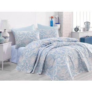 Set cuvertura de pat dubla matlasata, EnLora Home, Tuval Blue, 3 piese, 65% bumbac, 35% poliester, bleu imagine