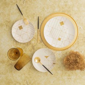 Serviciu de masa, Hermia, 216KRC1160, Farfurie desert: 20 x 20 x 5 cm (6 bucăți), Alb/Auriu imagine