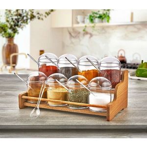 Set recipiente pentru condimente cu suport, Hermia, 619PLS1104, Dimensiune borcan: 7 x 7 x 12 cm / 275 ml (8 bucăți), Maro/Transparent imagine