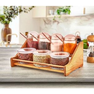 Set recipiente pentru condimente cu suport, Hermia, 619PLS1127, Dimensiune borcan: 7 x 7 x 12 cm / 275 ml (4 bucăți), Maro imagine