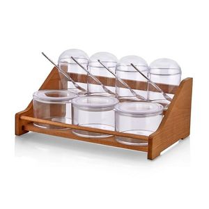 Set recipiente pentru condimente cu suport, Hermia, 619PLS1130, Dimensiune borcan: 7 x 7 x 12 cm / 275 ml (4 bucăți), Maro/Transparent imagine