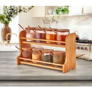 Set recipiente pentru condimente cu suport, Hermia, 619PLS1109, Dimensiune borcan: 7 x 7 x 9 cm / 275 ml (8 bucăți), Maro imagine