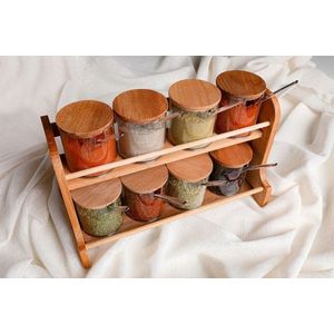 Set recipiente pentru condimente cu suport, Hermia, 619PLS1111, Dimensiune borcan: 7 x 7 x 9 cm / 275 ml (8 bucăți), Maro/Transparent imagine