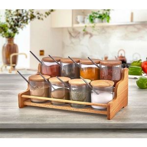 Set recipiente pentru condimente cu suport, Hermia, 619PLS1106, Dimensiune borcan: 7 x 7 x 9 cm / 275 ml (8 bucăți), Maro/Mov imagine