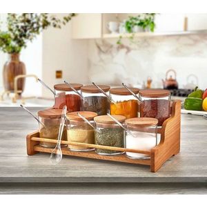Set recipiente pentru condimente cu suport, Hermia, 619PLS1108, Dimensiune borcan: 7 x 7 x 9 cm / 275 ml (8 bucăți), Maro/Transparent imagine