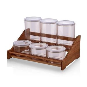Set recipiente pentru condimente cu suport, Hermia, 619PLS1123, Dimensiune borcan: 10 x 10 x 14 cm / 800 ml (3 bucăți), Maro/Transparent imagine