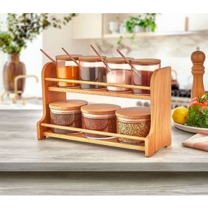 Set recipiente pentru condimente cu suport, Hermia, 619PLS1117, Dimensiune borcan: 7 x 7 x 9 cm / 275 ml (4 bucăți), Maro imagine