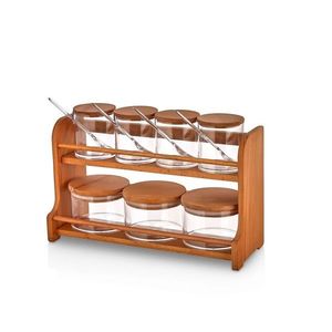 Set recipiente pentru condimente cu suport, Hermia, 619PLS1119, Dimensiune borcan: 7 x 7 x 9 cm / 275 ml (4 bucăți), Maro/Transparent imagine