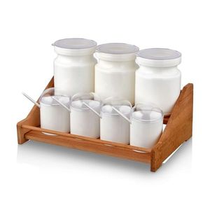 Set recipiente pentru condimente cu suport, Hermia, 619PLS1137, Dimensiune borcan: 7 x 7 x 12 cm / 275 ml (4 bucăți), Maro/Alb imagine