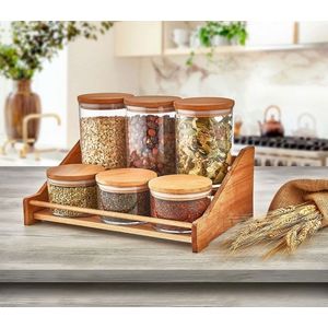 Set recipiente pentru condimente cu suport, Hermia, 619PLS1126, Dimensiune borcan: 10 x 10 x 14 cm / 800 ml (3 bucăți), Maro/Transparent imagine