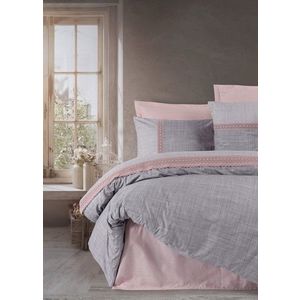 Lenjerie de pat dubla, 6 piese, 200x220 cm, 100% bumbac ranforce, cu detalii brodate, Cotton Box, Hazel, roz pudra imagine