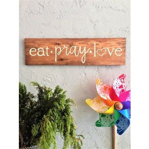 Decoratiune de perete, Eat Pray Love, 15x55x1.8 cm, Nuc deschis imagine